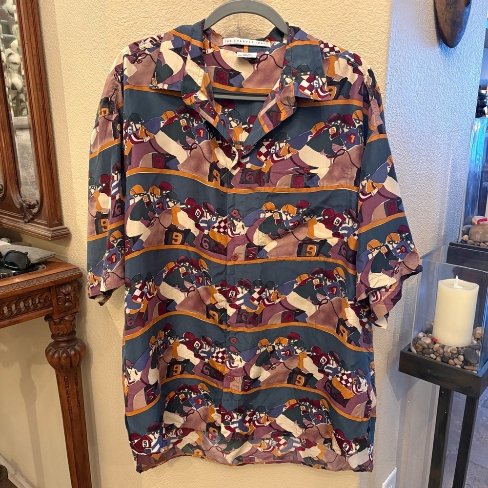 Vintage The Sharper Image Men 100% Silk Equestrian Horse Racing Print Shirt-XL
